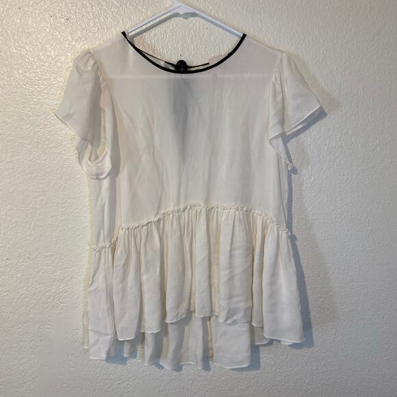 Cinq a Sept White & Black Trim Tie Back Silk Babydoll Peplum Blouse Size Small - Picture 1 of 5